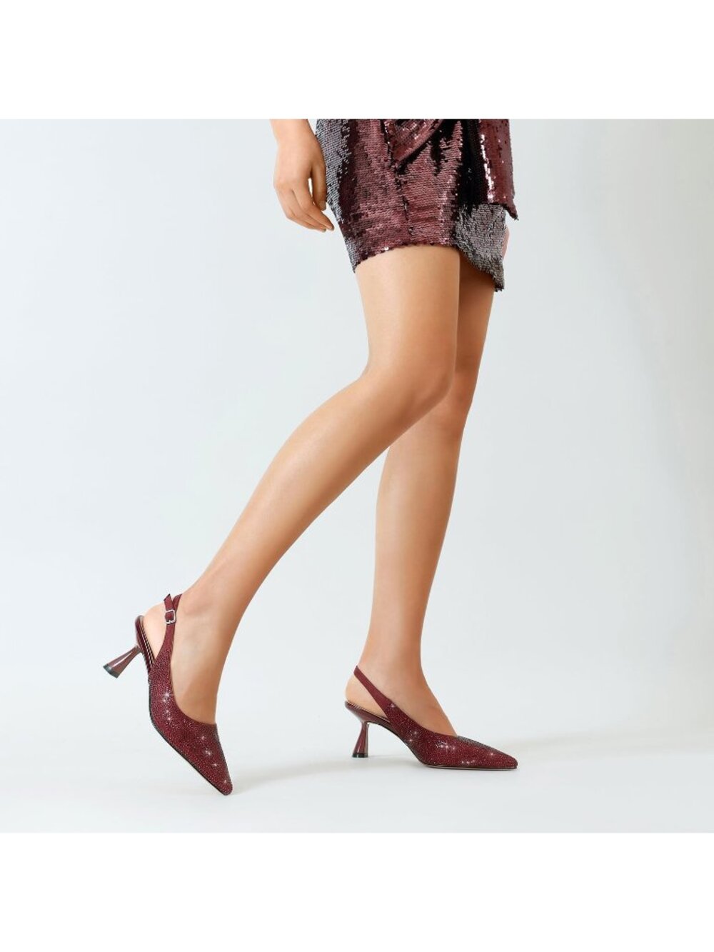 Women's Burgundy Kitten Heels Slingback Low Heel Shoes Closed Toe Rhinestone - Picture 2 of 7